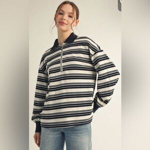 JODIFL Front Zip Up Stripe Polo Top